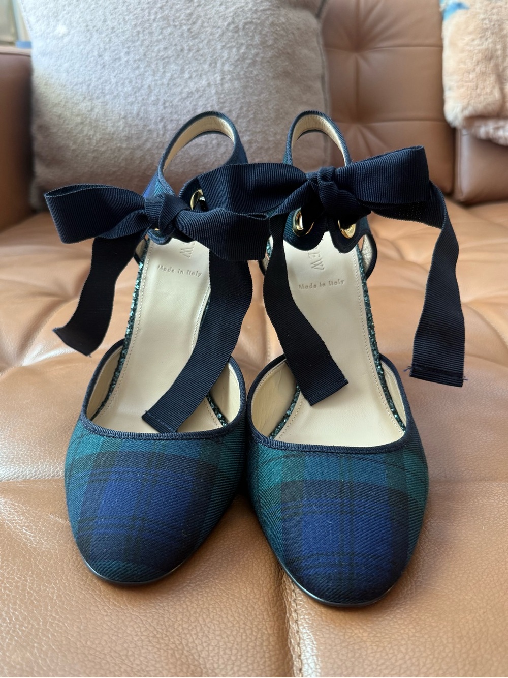 J. Crew Avery Watch Tartan Ankle Tie Glitter Heel Women’s Size 10.5